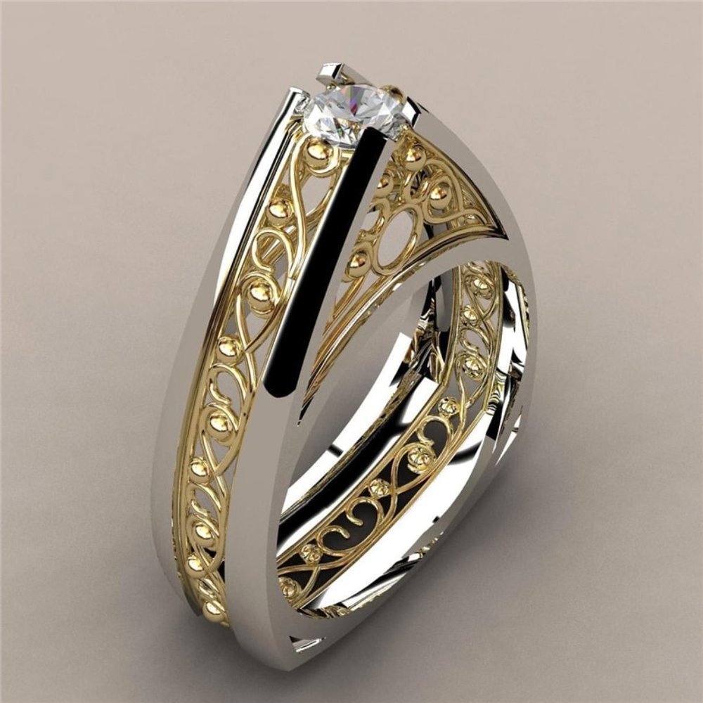 Two Tone Geometric Unique Statement Solitaire Filigree Vintage Cathedral Ring